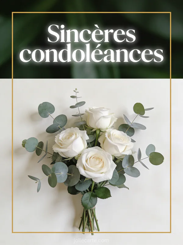 Roses blanches et eucalyptus sur fond blanc cassé avec bordure dorée et texte blanc moderne Sincères condoléances