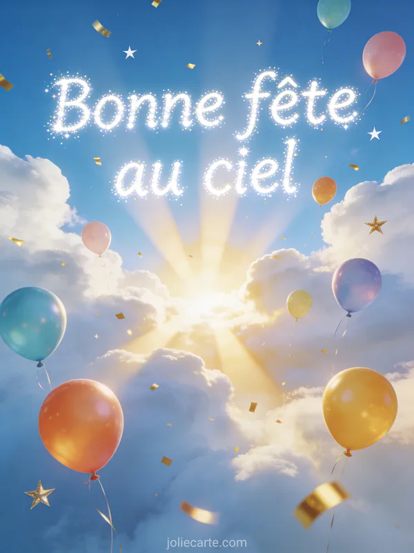 Ciel bleu lumineux avec rayons de soleil dorés perçant les nuages blancs et ballons colorés s'envolant