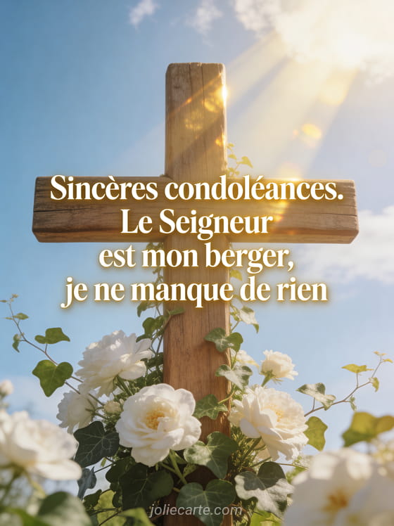 Croix en bois entourée de fleurs blanches et de lierre avec rayons de lumière dorée venant du ciel sur fond bleu