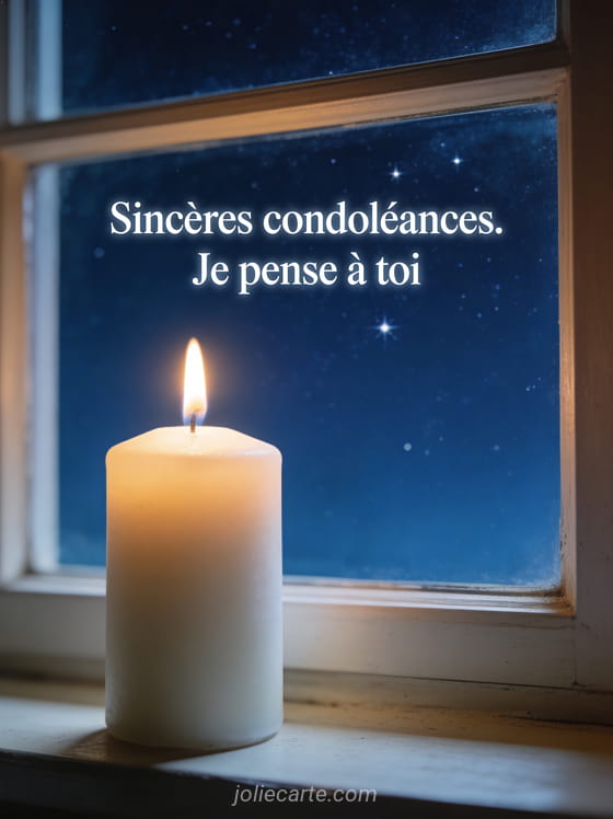 Bougie blanche allumée posée sur un rebord de fenêtre avec vue sur un ciel étoilé bleu profond