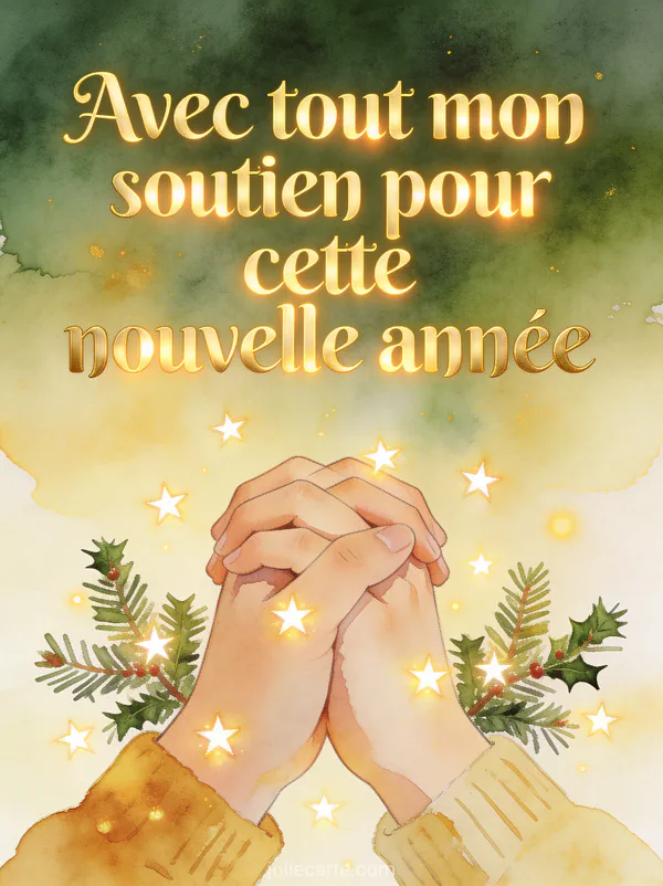 Illustration aquarelle de deux mains se serrant entourées d'étoiles lumineuses et branches de gui
