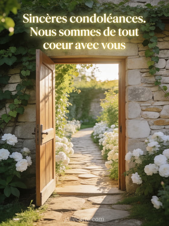 Porte de jardin en bois ouverte sur un chemin fleuri de fleurs blanches avec mur de pierre et lumière dorée