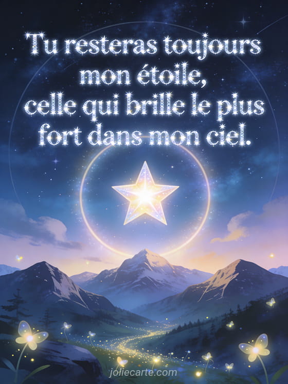 Nuit étoilée avec une étoile brillante au centre entourée d'un halo lumineux paysage de montagne et lucioles