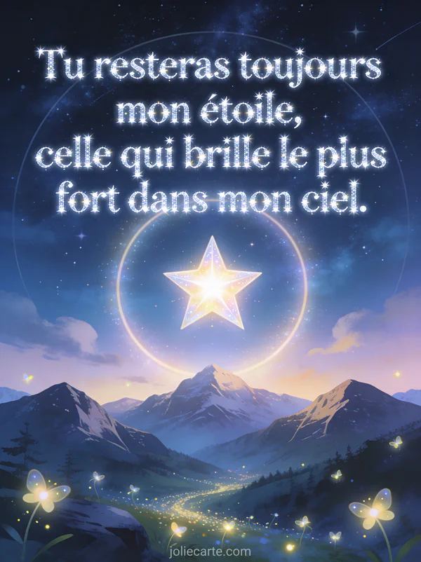 Nuit étoilée avec une étoile brillante au centre entourée d'un halo lumineux paysage de montagne et lucioles