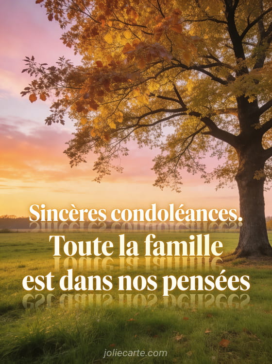 Grand arbre aux feuilles dorées et cuivrées dans un pré vert sous lumière de golden hour