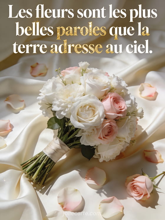 Bouquet de fleurs blanches et roses posé sur tissu de soie ivoire avec pétales de roses éparpillés