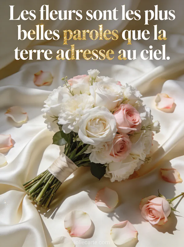 Bouquet de fleurs blanches et roses posé sur tissu de soie ivoire avec pétales de roses éparpillés