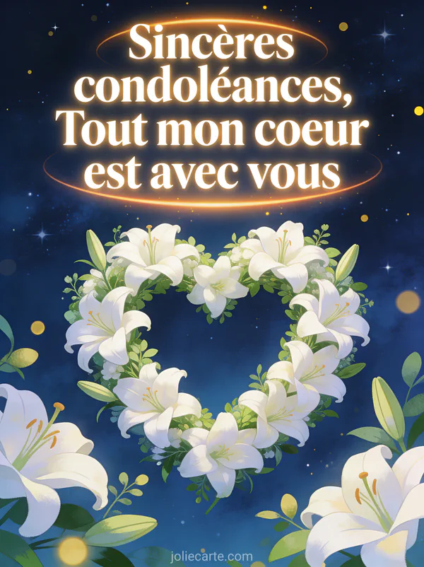 Coeur formé de fleurs de lys blanches et feuillage vert sur fond bleu nuit étoilé avec points de lumière dorée