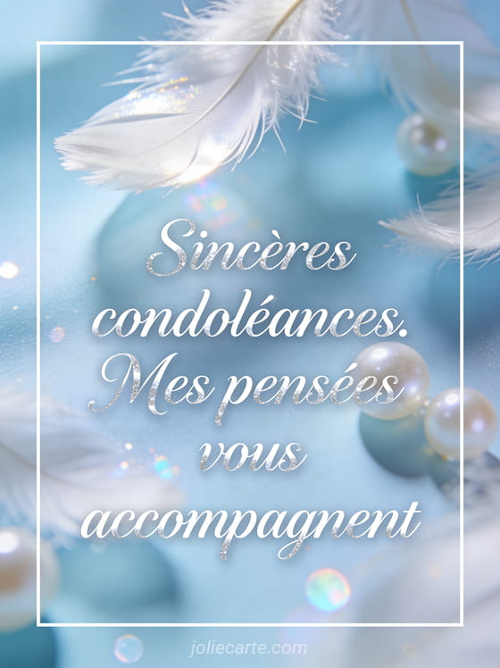 Plumes blanches tombant doucement sur fond bleu pastel avec reflets nacrés et texte calligraphié blanc et argenté