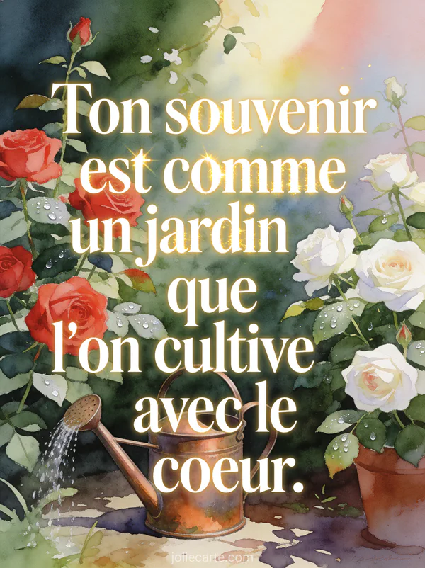 Petit jardin intime avec roses rouges et blanches arrosoir ancien en cuivre et rosée du matin style aquarelle délicate