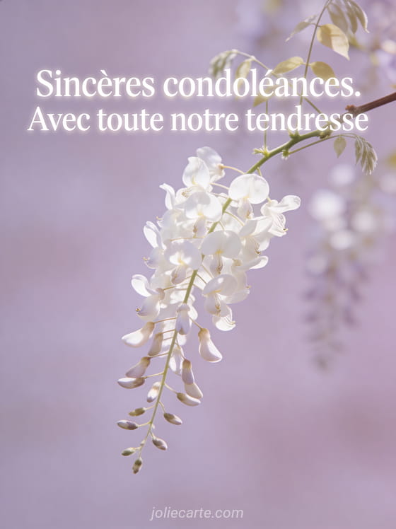 Branche de glycine blanche tombante avec petites fleurs délicates sur fond mauve clair et lumière douce de printemps