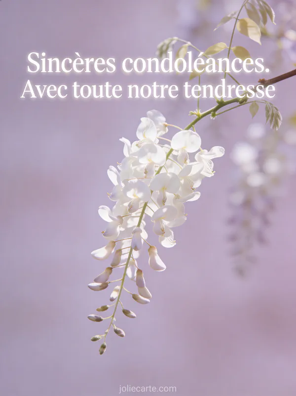 Branche de glycine blanche tombante avec petites fleurs délicates sur fond mauve clair et lumière douce de printemps