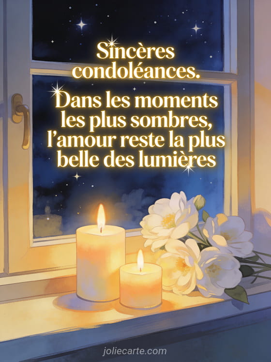 Bougies allumées sur un rebord de fenêtre avec fleurs blanches nuit étoilée visible et texte doré scintillant