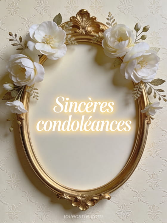 Cadre doré ovale orné de fleurs blanches et feuillage sur fond crème texturé avec texte blanc élégant