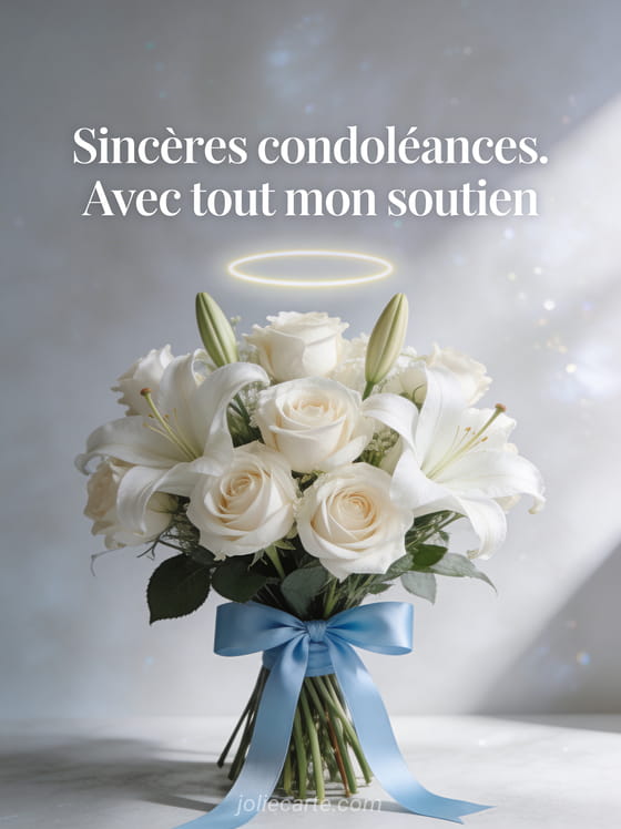 Bouquet de roses blanches et lys noué d'un ruban bleu pâle sur fond gris perle avec lumière naturelle latérale