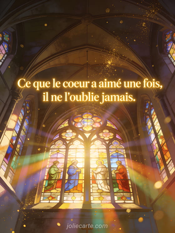 Grand vitrail coloré dans une église baigné de lumière du soleil avec rayons multicolores et particules dorées