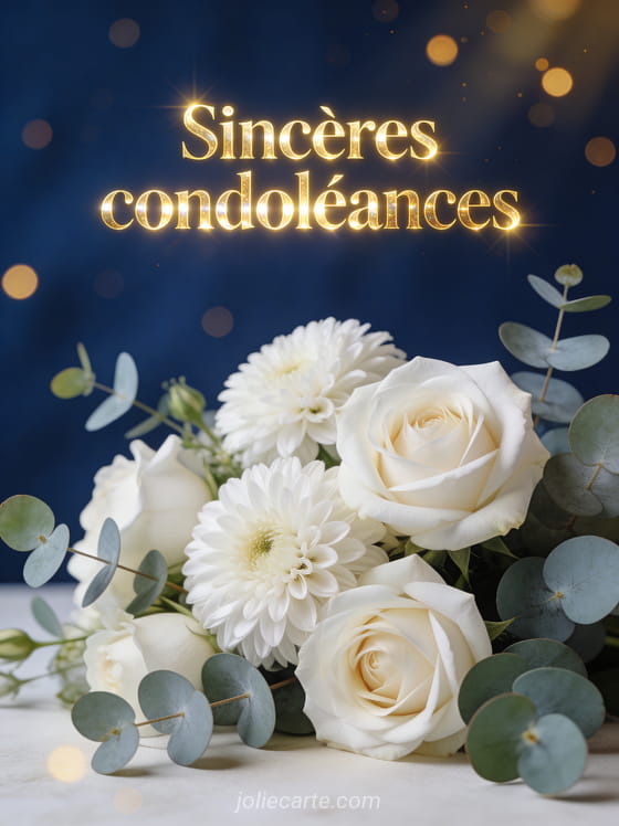 Composition artistique de roses blanches dahlias et eucalyptus sur fond bleu nuit avec éclats de lumière dorée et bokeh