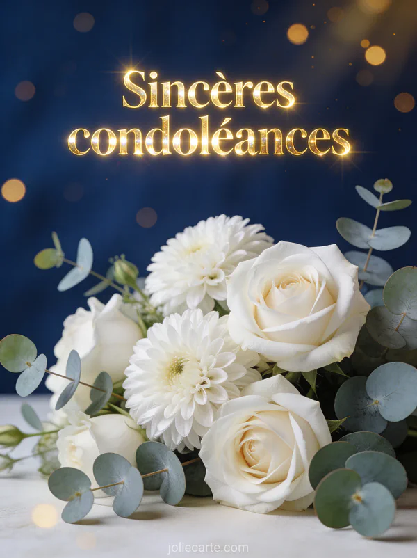 Composition artistique de roses blanches dahlias et eucalyptus sur fond bleu nuit avec éclats de lumière dorée et bokeh