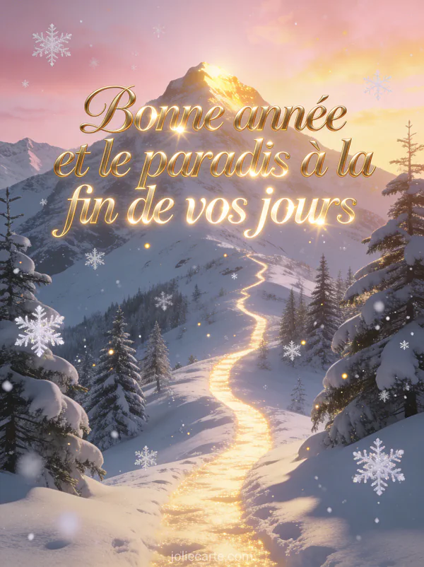 Paysage de montagne enneigée avec sentier lumineux montant vers un sommet éclairé et sapins enneigés