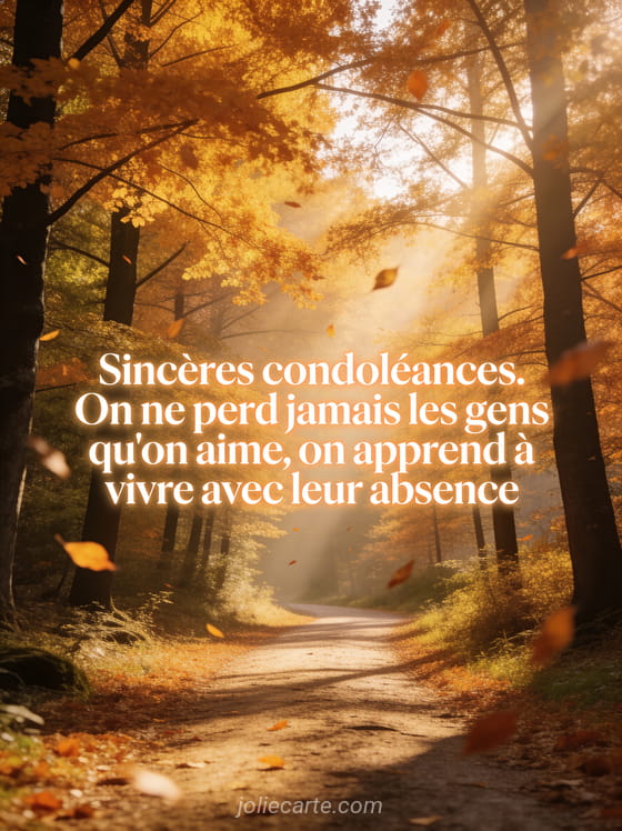 Sentier dans une forêt aux arbres dorés en automne avec feuilles qui tombent et rayons de soleil