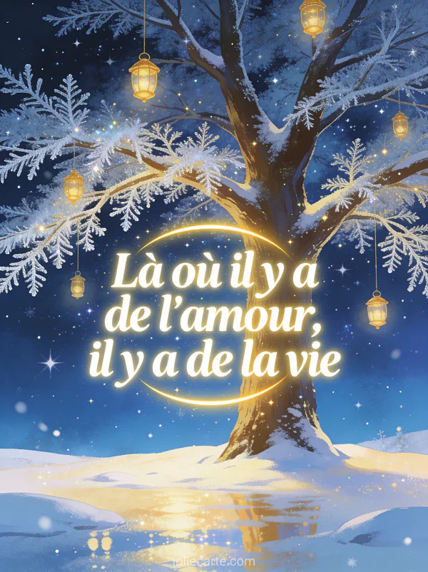 Arbre majestueux aux branches couvertes de givre sous ciel étoilé avec lanternes dorées suspendues