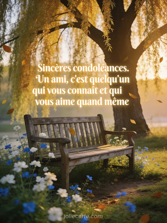 Banc en bois sous un grand saule pleureur aux branches dorées avec lumière chaude de fin de journée