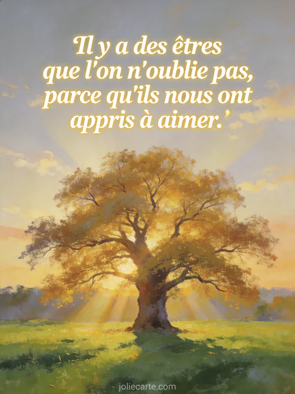 Grand arbre majestueux au feuillage doré dans une prairie verte avec lumière du soleil couchant filtrant