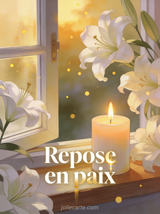 Bougie allumée posée sur rebord en bois avec fleurs de lys blancs et lumière dorée de fin de journée