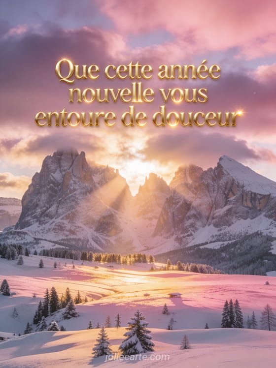 Paysage de montagne enneigée au lever du soleil avec rayons dorés perçant les nuages et sapins enneigés