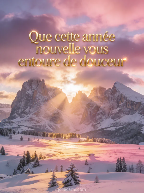 Paysage de montagne enneigée au lever du soleil avec rayons dorés perçant les nuages et sapins enneigés