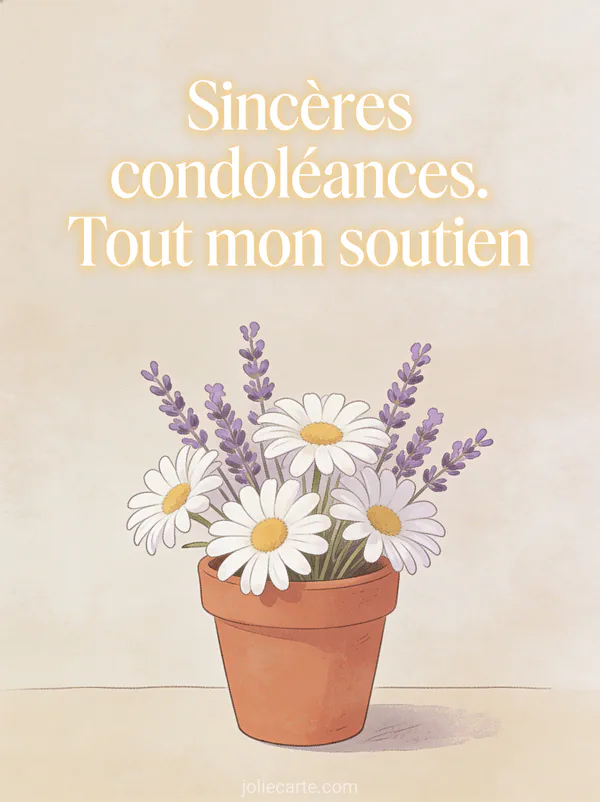 Marguerites blanches et brins de lavande dans un pot en terre cuite sur fond beige clair