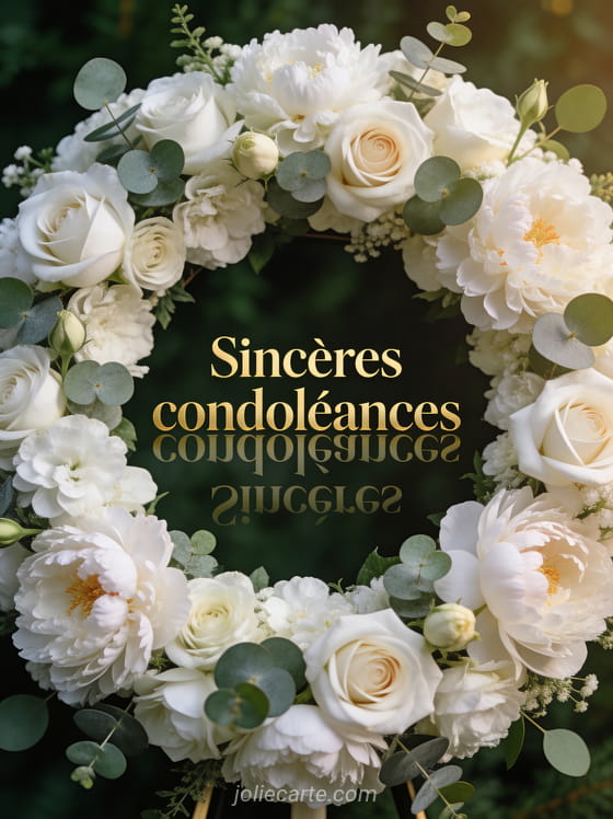 Couronne de fleurs blanches avec roses pivoines et eucalyptus sur fond vert forêt sombre