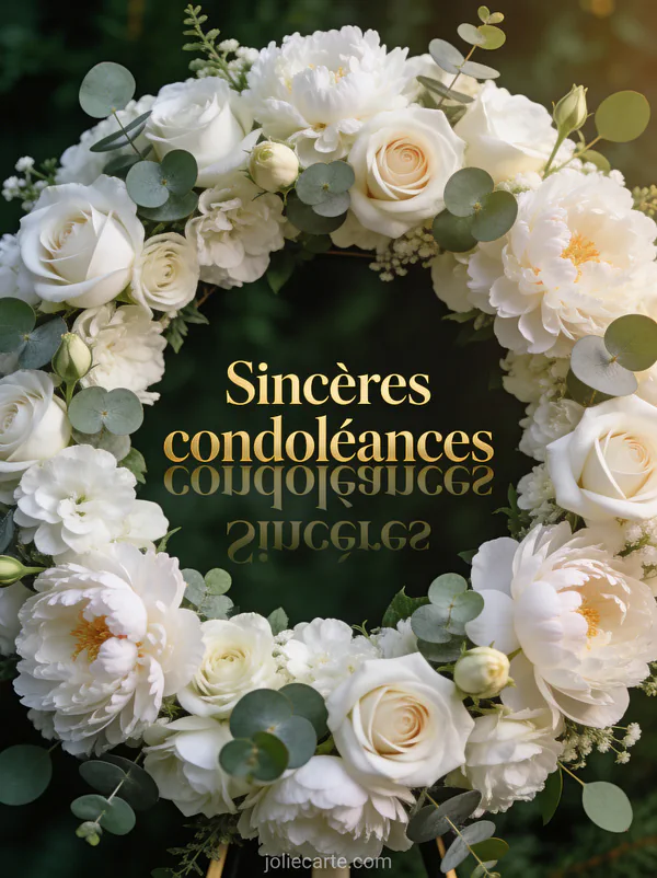 Couronne de fleurs blanches avec roses pivoines et eucalyptus sur fond vert forêt sombre