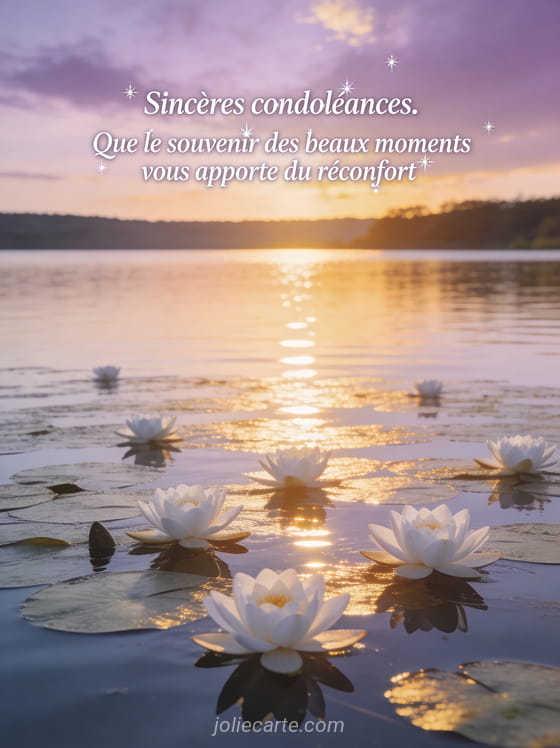 Lac calme au coucher du soleil avec reflets dorés nénuphars blancs et ciel pastel mauve et or