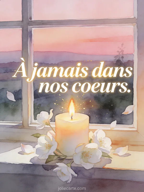 Bougie allumée posée sur rebord de fenêtre avec vue sur paysage au crépuscule rosé et pétales blancs