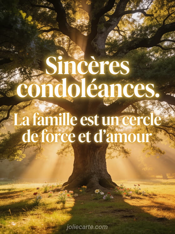 Grand chêne centenaire dans une clairière baignée de lumière dorée avec rayons de soleil et fleurs