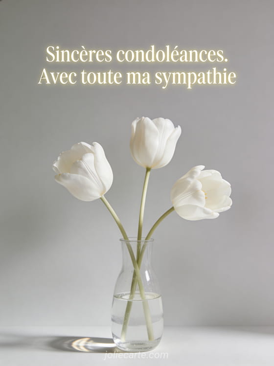 Trois tulipes blanches dans un vase transparent sur fond gris perle avec lumière latérale douce