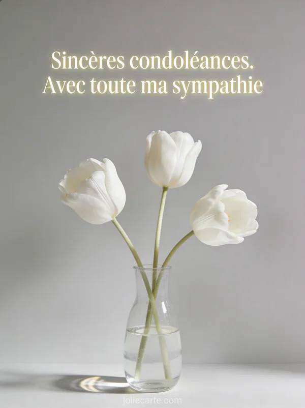 Trois tulipes blanches dans un vase transparent sur fond gris perle avec lumière latérale douce