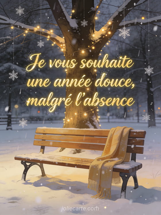 Banc en bois sous un grand arbre illuminé de lumières féeriques dans un parc enneigé avec écharpe