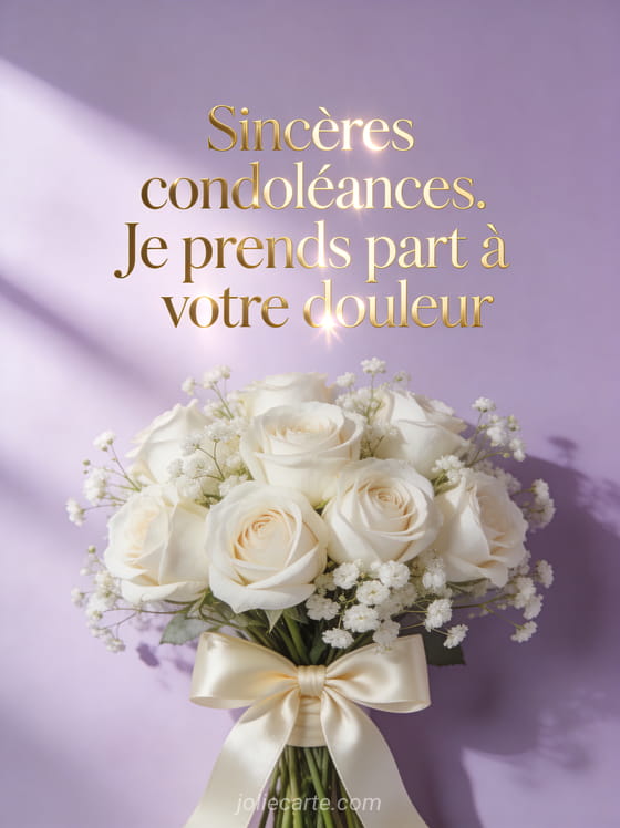 Bouquet de roses blanches et gypsophile noué d'un ruban de soie crème sur fond pastel lavande