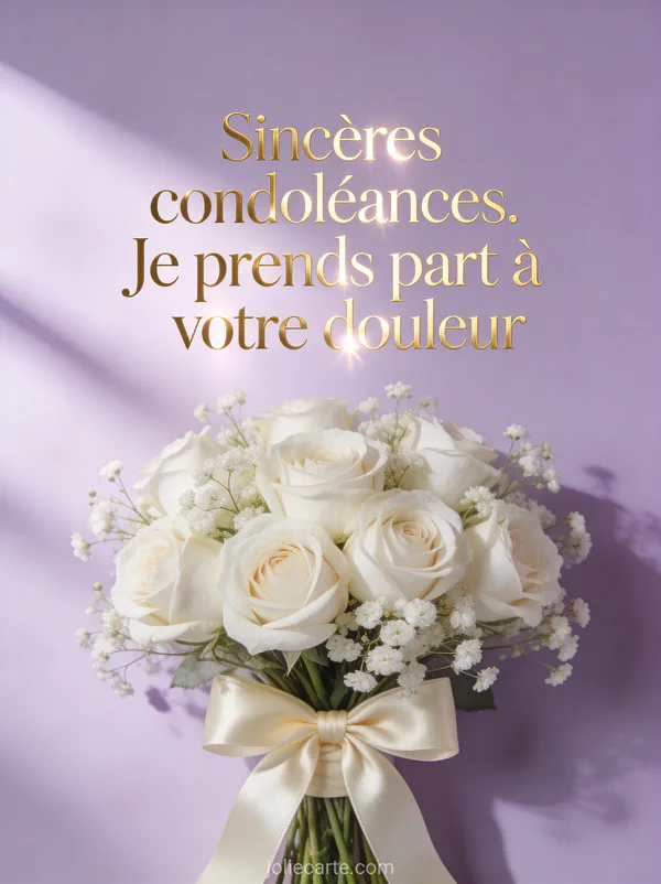 Bouquet de roses blanches et gypsophile noué d'un ruban de soie crème sur fond pastel lavande