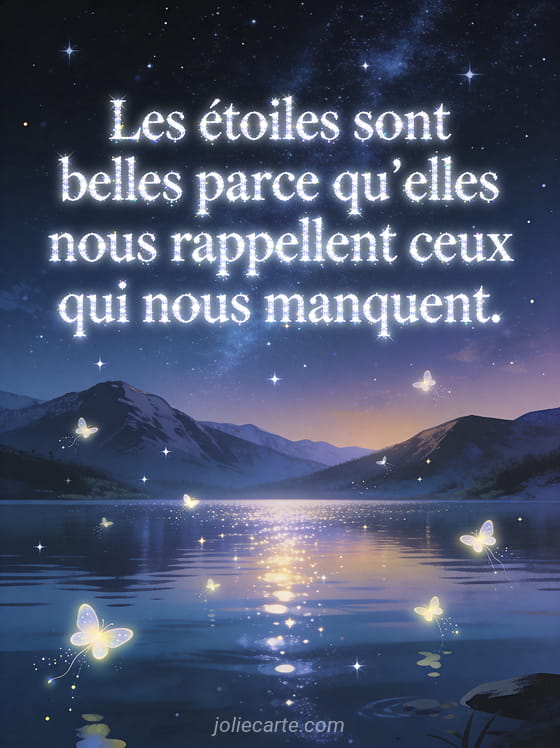 Ciel nocturne étoilé au-dessus d'un lac calme avec reflets d'étoiles et lucioles lumineuses