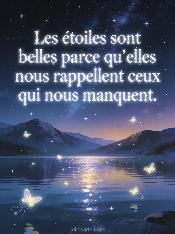 Ciel nocturne étoilé au-dessus d'un lac calme avec reflets d'étoiles et lucioles lumineuses