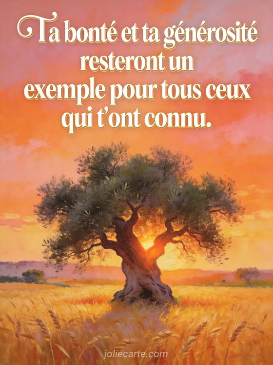 Olivier centenaire dans un champ de blé doré au soleil couchant avec ciel aux teintes oranges style peinture à l'huile