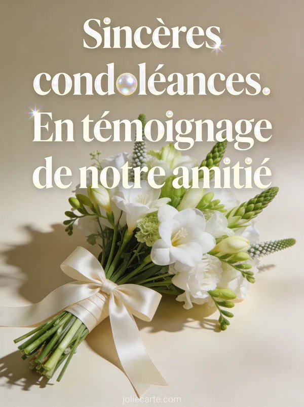 Bouquet de fleurs blanches et vertes avec freesias et asparagus noué d'un ruban de satin crème sur fond beige