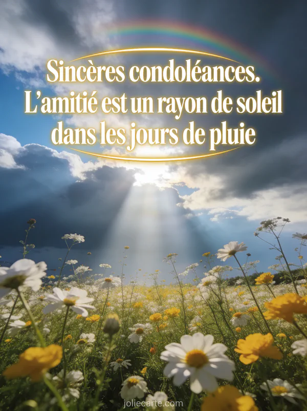 Rayon de soleil perçant les nuages au-dessus d'un champ de fleurs sauvages blanches et jaunes avec arc-en-ciel discret