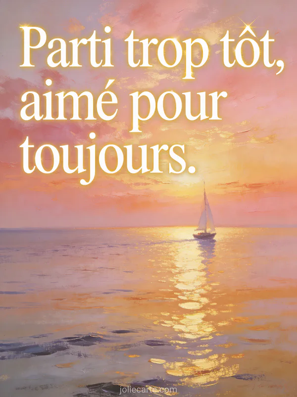 Horizon de mer au crépuscule avec ciel rose et or un voilier s'éloignant vers l'horizon et reflets dorés sur l'eau