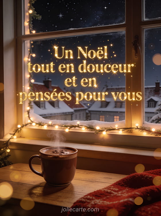 Tasse de chocolat chaud fumante près d'une fenêtre avec guirlande lumineuse et toits enneigés