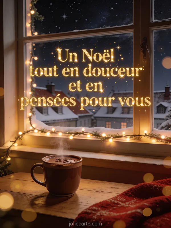 Tasse de chocolat chaud fumante près d'une fenêtre avec guirlande lumineuse et toits enneigés