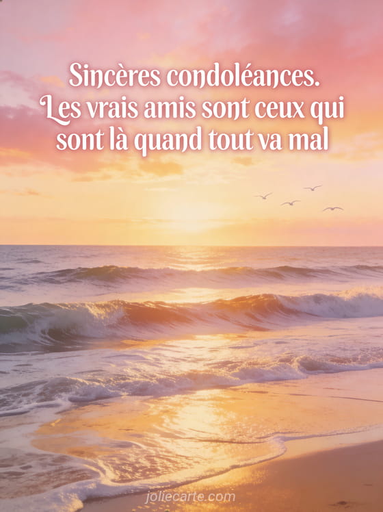 Paysage de bord de mer au coucher du soleil avec vagues douces et ciel rose et or avec oiseaux